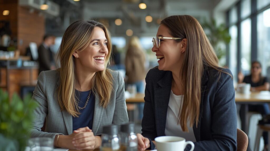 Two professional women talking and laughing together in an office café.